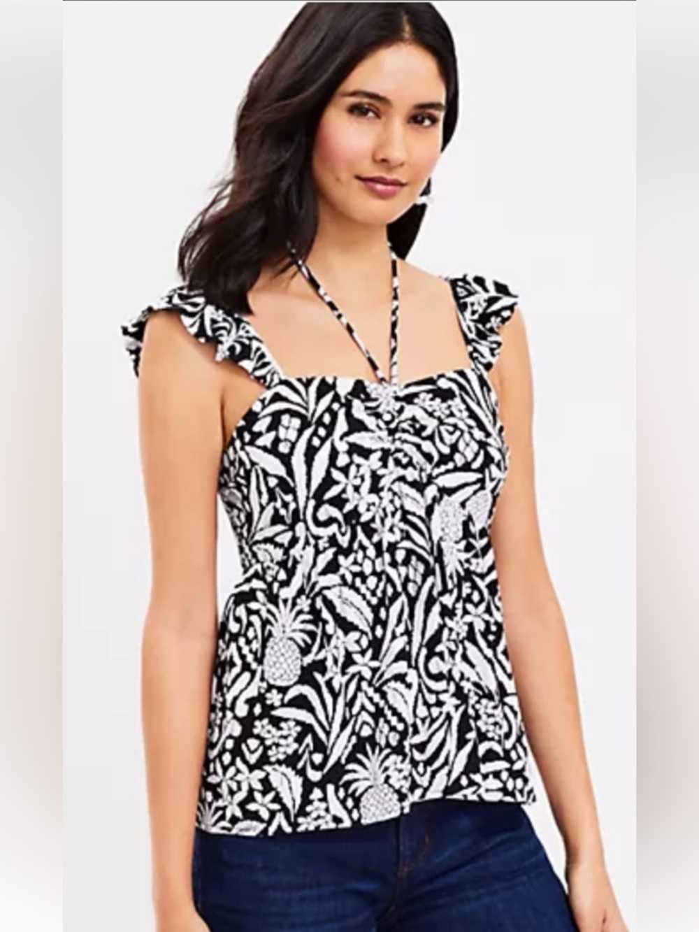LOFT Pineapple Ruffle Halter Top Tropical Print Black/White Flutter Sleeve Large